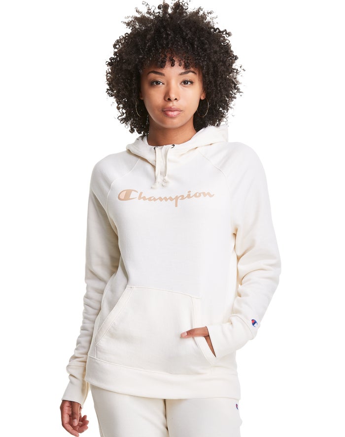 Champion Hoodie Dames - Wit - Powerblend Fleece Script Logo ( 714602-HGR )